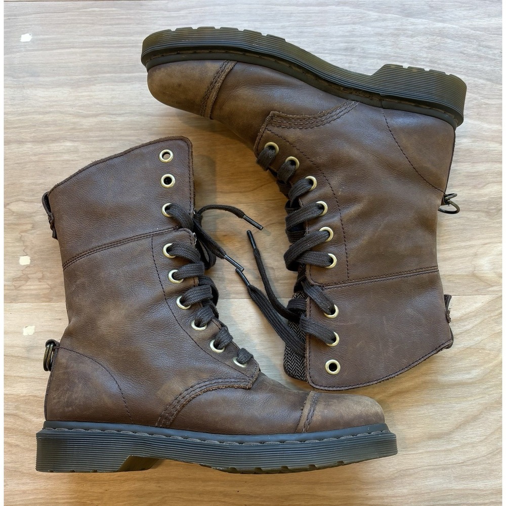 Dr. Martens Doc Aimilita Brown Leather Ribbon Lace Fold Down Boots Womens 9 - Picture 2 of 12